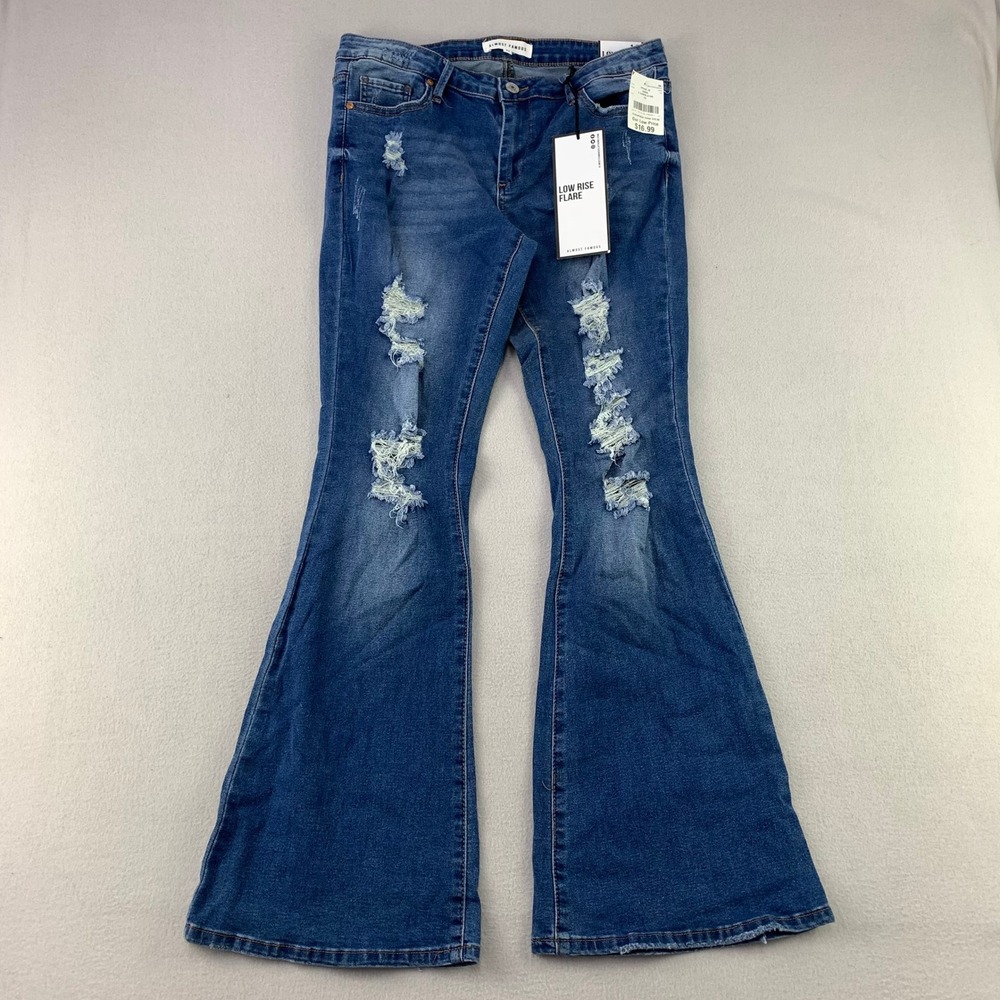 Almost Famous Low Rise Flare Jeans Women 11 Blue Distressed  Denim NWT